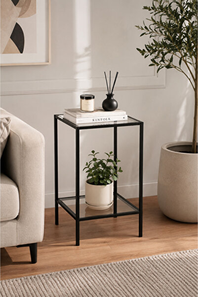 AVİBO HOME Verde Yan Sehpa Metal Şeffaf Cam Raflı Modern Sehpa 30*40*60 cm