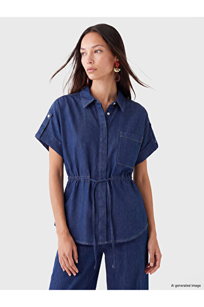 LC Waikiki Vizyon New Season Indigo Lace-Up Linen Blend Women's Jean Shirt