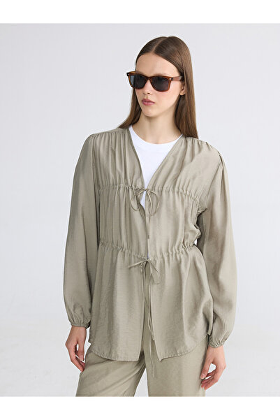 LC Waikiki Lcw Modest Khaki V-Neck Women's Kimono with Tie Detail