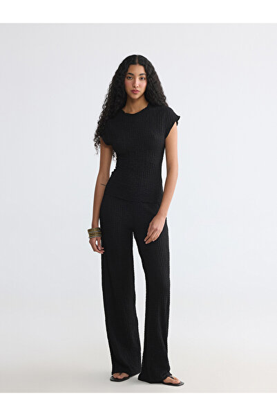LC Waikiki Black Textured Women's Trousers with Elastic Waist
