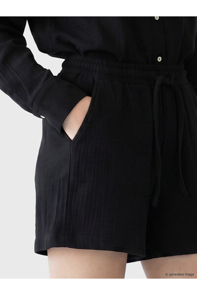 LC Waikiki Black Elastic Waist Muslin Women's Shorts