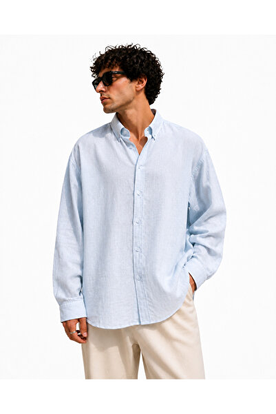 arden wear Açık Mavi Keten Görünümlü Oversize Erkek Gömlek