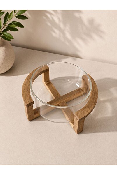 LEONEV Glass Salad Bowl with Acacia Stand, Small Size 15X7 cm