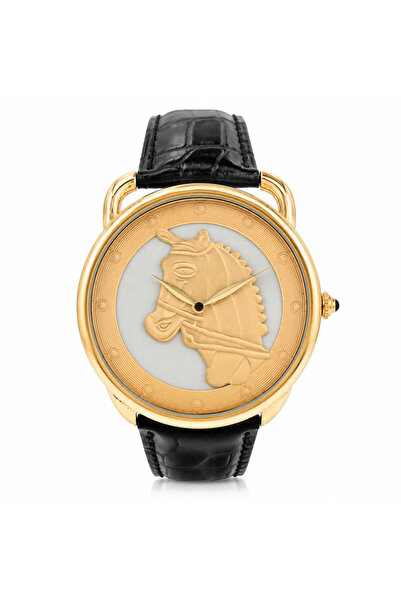 Watch Ceas barbatesc elegant cu model cap de cal, carcasa aurie si curea neagra