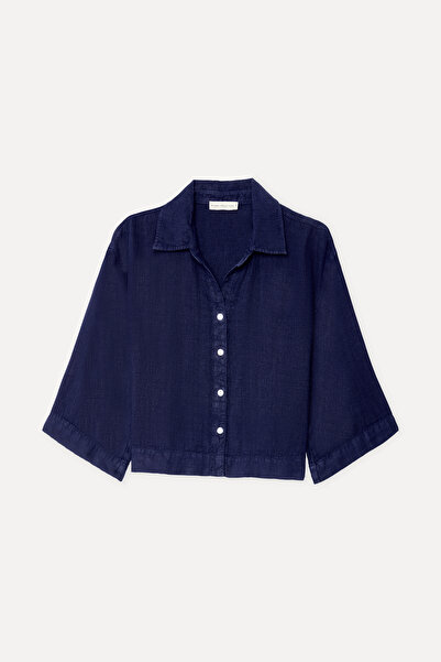 Mudo Women's Navy Blue 3/4 Sleeve Oversize Linen Shirt