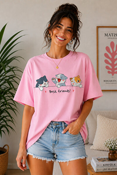 ArtYus Best Friends Cat Printed Unisex Oversize T-Shirt – Cotton Crew Neck Ca...