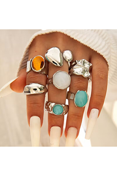 Takıtolia Cameo Gray 7-Piece Multi-Adjustable Ring Set - Design in Green and ...