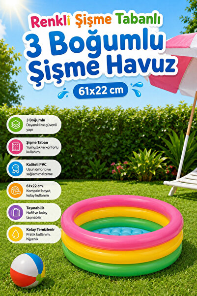 craftivio Şişme Tabanlı Bebek Havuzu 3 Boğumlu Renkli Balkon Çocuk Havuzu 61x...