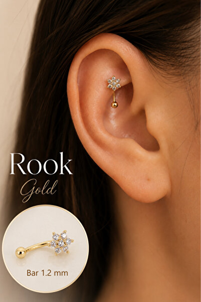 Sacce Scarves&Accessories Zirkon Taşlı Çiçek Rook Piercing Çelik Bar 1.2 mm