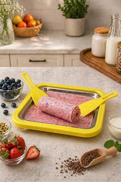 Cotswold Sarı Ev Tipi Rulo Dondurma Tepsisi Seti | Frozen Roll Ice Cream Maki...