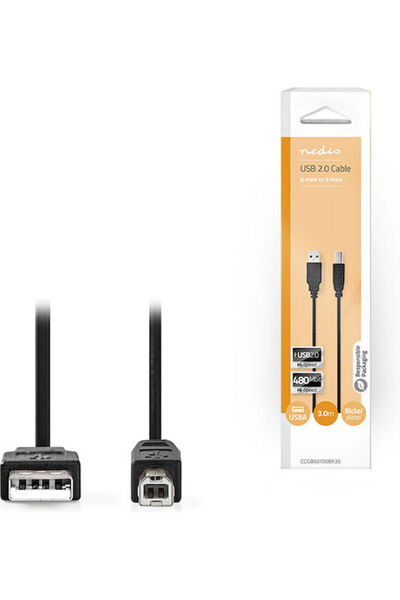 Nedis Καλώδιο USB 2.0 3μ Τύπου A αρσενικό σε Τύπου B αρσενικό (CCGB60100BK30)