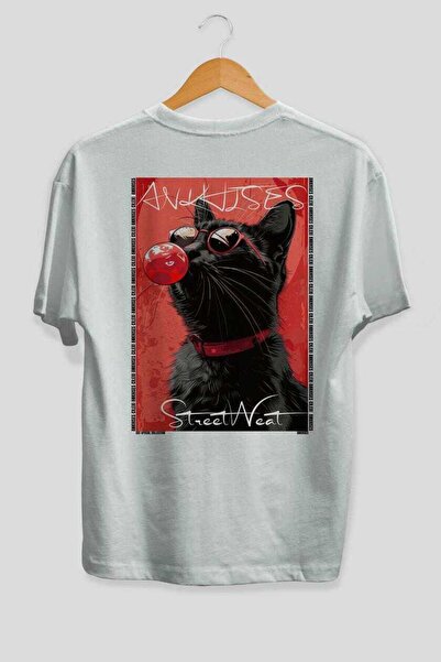 Ankhises For the Love of Cats 59 Cats Printed White Oversize T-Shirt 100% Cot...