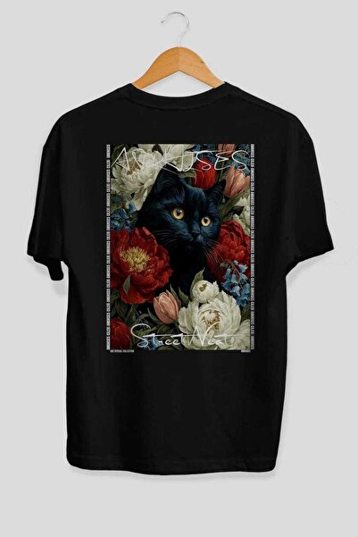 Ankhises For the Love of Cats 87 Cat Printed Black Oversize T-Shirt 100% Cott...