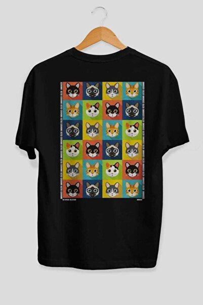 Ankhises For the Love of Cats 122 Cat Printed Black Oversize T-Shirt 100% Cot...