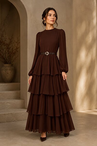 Rain and River Maxi-length chiffon dress with layered detailing.