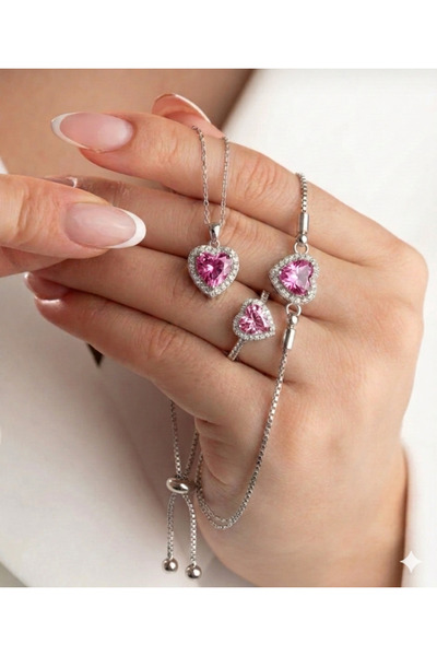 ACQUA BELLA 925 Ayar Gümüş Kaplama Pembe Kalp Taşlı Kolye, Pembe Kalpli Bilek...