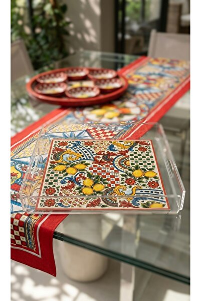 Fleurs Chic Kırmızı Milano Limon Desenli Pleksi Sunum Tepsis Tek Kişilik 23x23cm