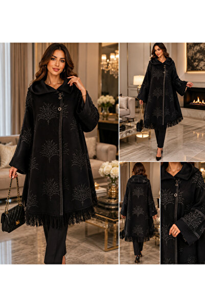 BALİS PİJAMA Women's Cream Black Ethnic Embroidered Tasseled Knitwear Coat Wi...