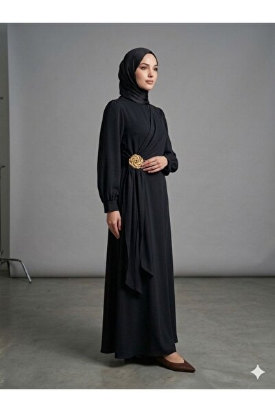 ZEROGAPRİSE Women's Rose Brooch Detailed Evening Dress with Hijab