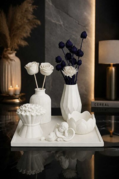 Gizem Design Products Dekoratif Beyaz Vazo Seti | Tepsili Çiçekli Modern Salo...