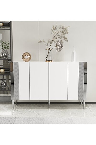 morepp Dream 120 cm Konsol Tv Sehpası Çok Amaçlı Dolap Beyaz-Gümüş