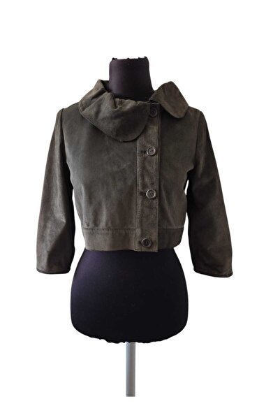 asus deri Women's Genuine Leather Dark Brown Asymmetrical Collared Nubuck Cro...