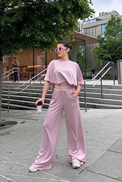 XELA Set de 2 piese - Set modal cu bluză crop cu mâneci liliac și pantaloni p...