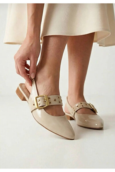 BAKKA Women's Beige Patent Leather Staple Belt Detailed Casual Ballerinas