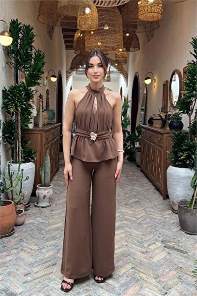 Neşeli Butik Women's Brown Halter Neck Wide Leg Premium Jumpsuit with Waist B...