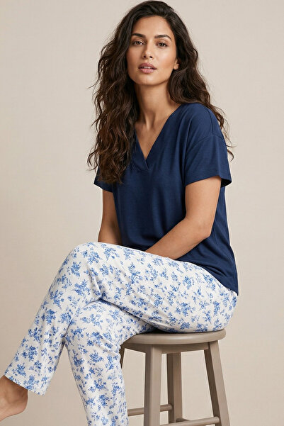 Siyah İnci Navy Blue Patterned Viscose Knitted Pajama Set26120794