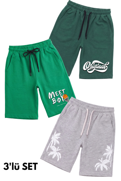 FYK KİDS 3-Piece Set with Print Detail, Elastic Waist, Double Pockets, Summer...