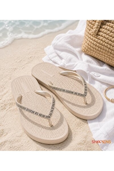 SHOPIENS Women's Ecru Flip Flop Slippers Size 37-38 With Rhinestones On Strap...