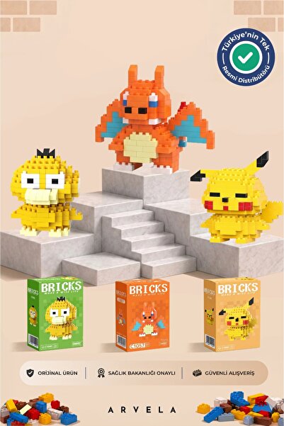 Arvela Bricks Pokémon 3'lü Yapım Seti Pikachu, Charizard Ve Psyduck Eğitici B...