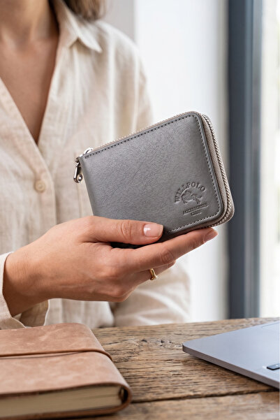willpolo Genuine Leather Zipper Wallet Unisex Leather Wallet with Zipper Closure