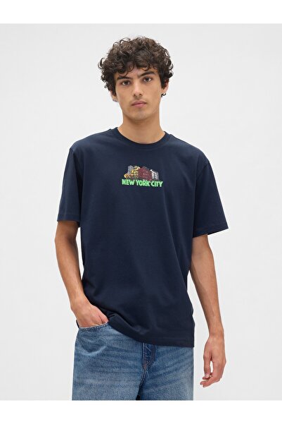 GAP Erkek Lacivert Everyday Soft Relaxed Grafik Baskılı T-Shirt