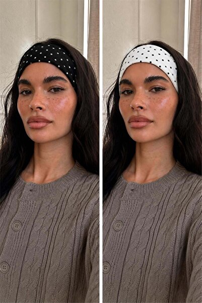 Cupla Kadın 2'li Pamuklu Esnek Bandana Seti Puantiyeli Beyaz Puantiyeli Siyah