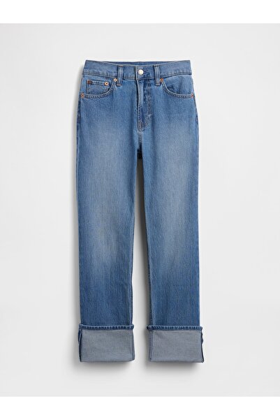 GAP Kadın Mavi High Rise Cuffed '90s Slim Straight Jean Pantolon