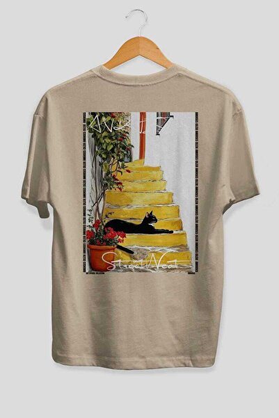 Ankhises For the Love of Cats 50 Cats Printed Beige Oversize T-Shirt 100% Cot...