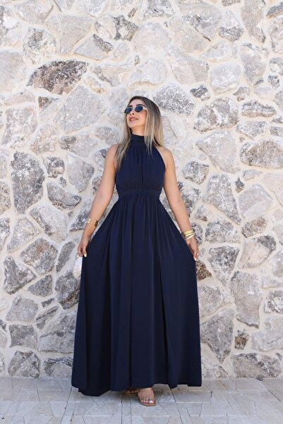 bytugcekaya Lacivert Halter Yaka Elbise