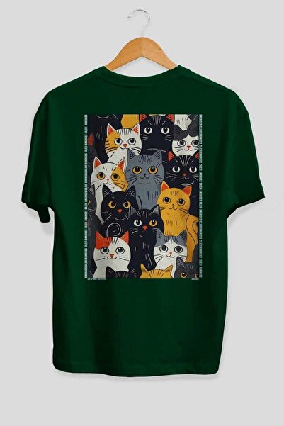 Ankhises 27 Cats for Cat Lovers Printed Green Oversize T-Shirt 100% Cotton Un...