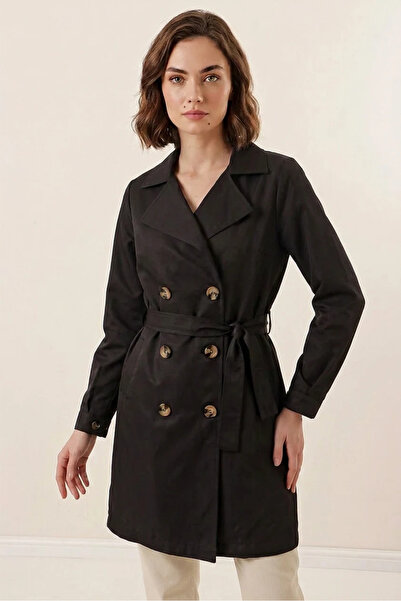 buğrahayalin Women's Double-Breasted Collared Black Trench Coat with Belt