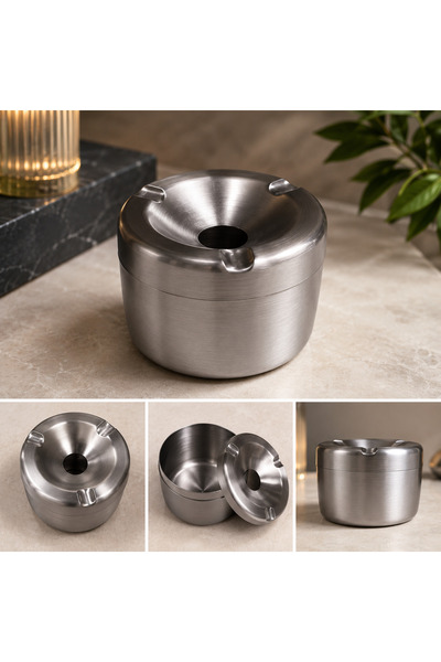 Roccos Stainless Steel Ashtray with Lid Windproof Desktop Metal Ashtray Silver
