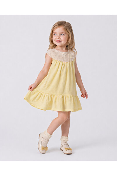 Oryeda Bebe Nissara Kids Kız Çocuk Çantalı Dantel Yakalı Sarı Elbise