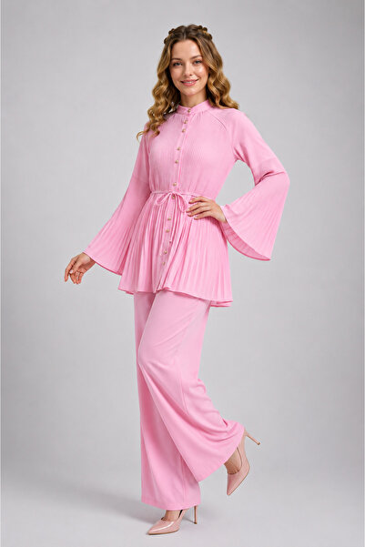 GLOW MUSE Piliseli Hakim Yaka Krep Takım -Pembe