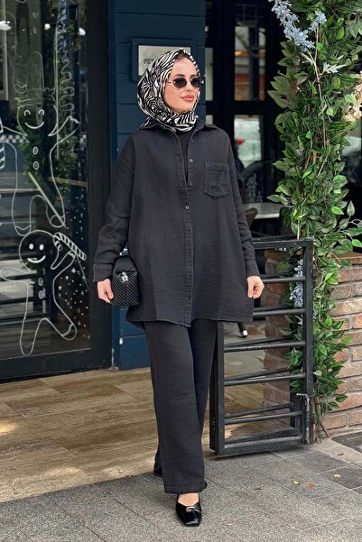 Invee Keten Pantolonlu Takım 7161 Siyah