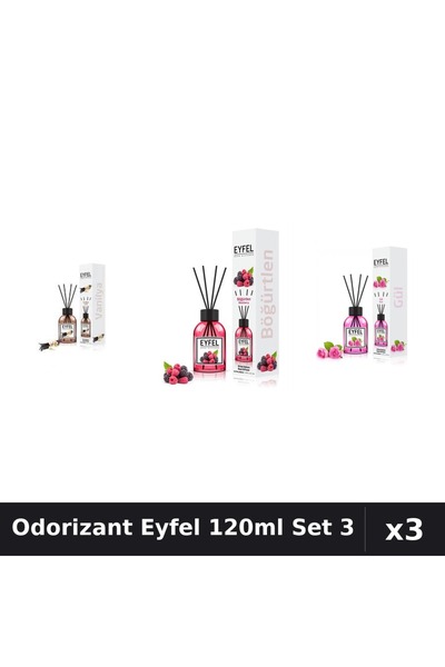 Eyfel Set 3 Odorizant Cameră Betișoare 120ml - Vanilie, Fructe Pădure, Trandafir