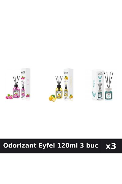 Eyfel Set 3 Odorizant Camera Betisoare 120ml - Trandafir, Lămâie, Angel
