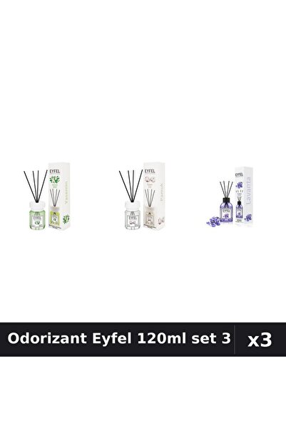 Eyfel Set 3 Odorizant Camera cu Bețișoare 120ml - Iasomie, Bumbac, Lavandă