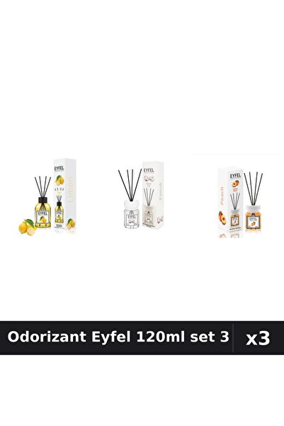 Eyfel Set 3 Odorizant Camera Betișoare 120ml - Lămâie, Bumbac, Piersică