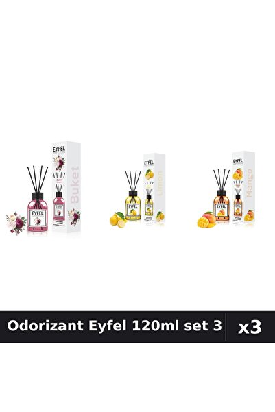 Eyfel Set 3 Odorizante Camera cu Bețișoare 120ml - Bouquet, Lămâie, Mango